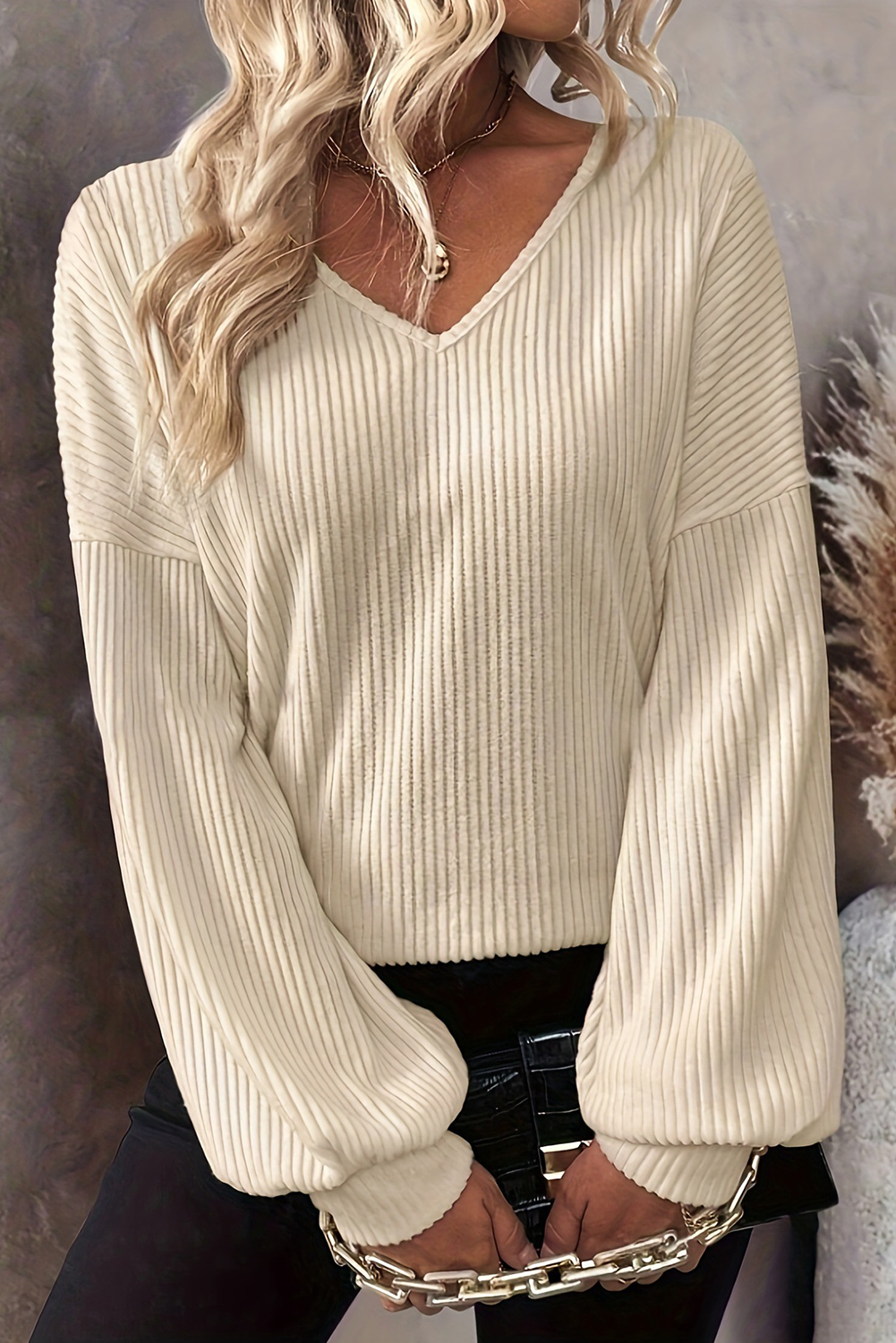 White Knot Back Drop Shoulder Ribbed Long Sleeve Blouse - loveforevers