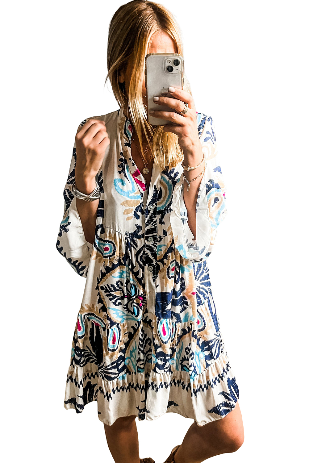 White Printed Tribal Bracelet Sleeve Buttoned Mini Dress - loveforevers