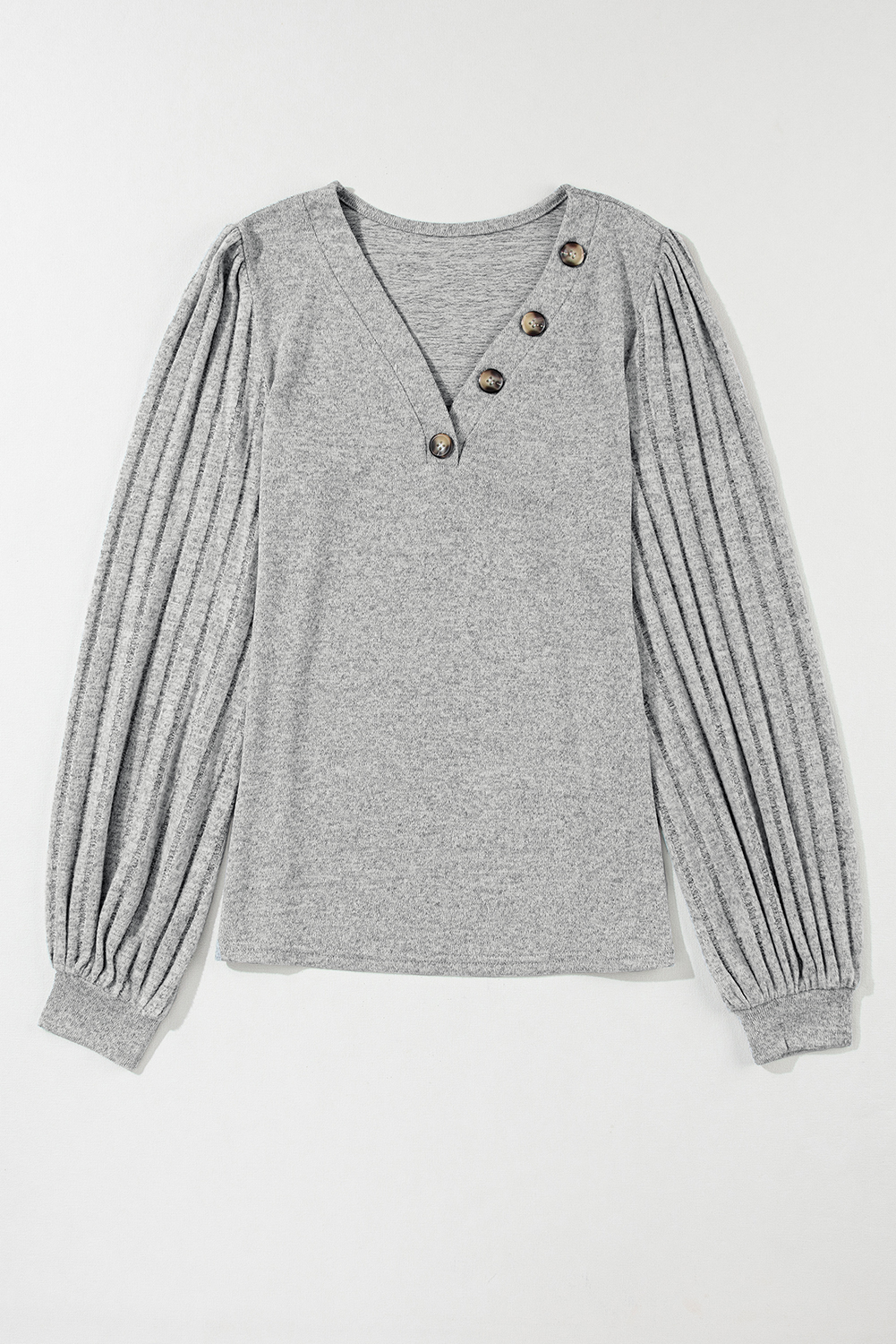 Light Grey Buttoned V Neck Ribbed Puff Sleeve Top - loveforevers
