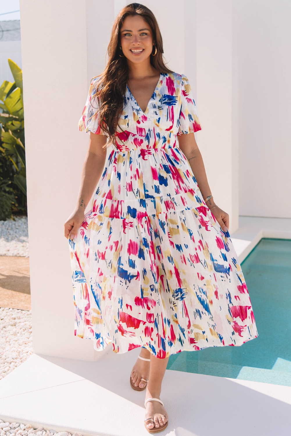 Rose Abstract Print Short Puff Sleeve Tiered Maxi Dress - loveforevers
