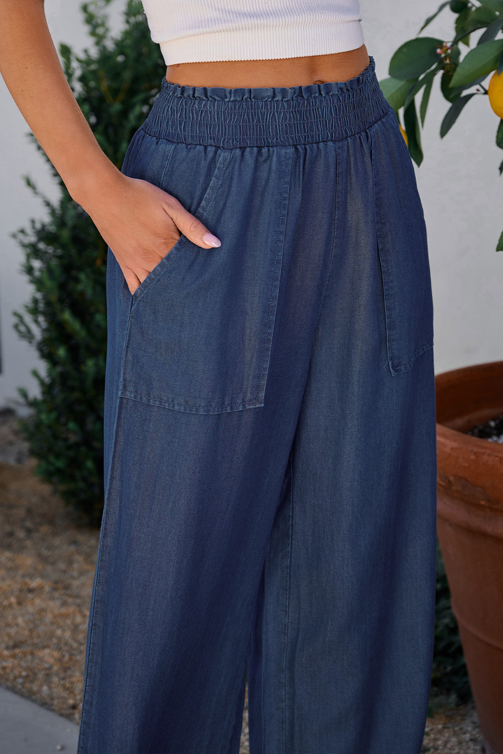 Black Side Pockets Frilled Smocked High Waist Wide Leg Jeans - loveforevers