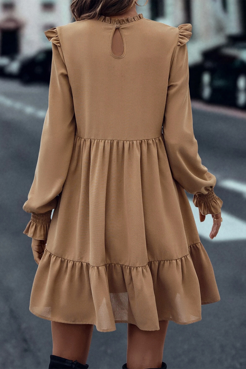 Light French Beige Frilled Collar Ruffled Shoulder Tiered Dress - loveforevers