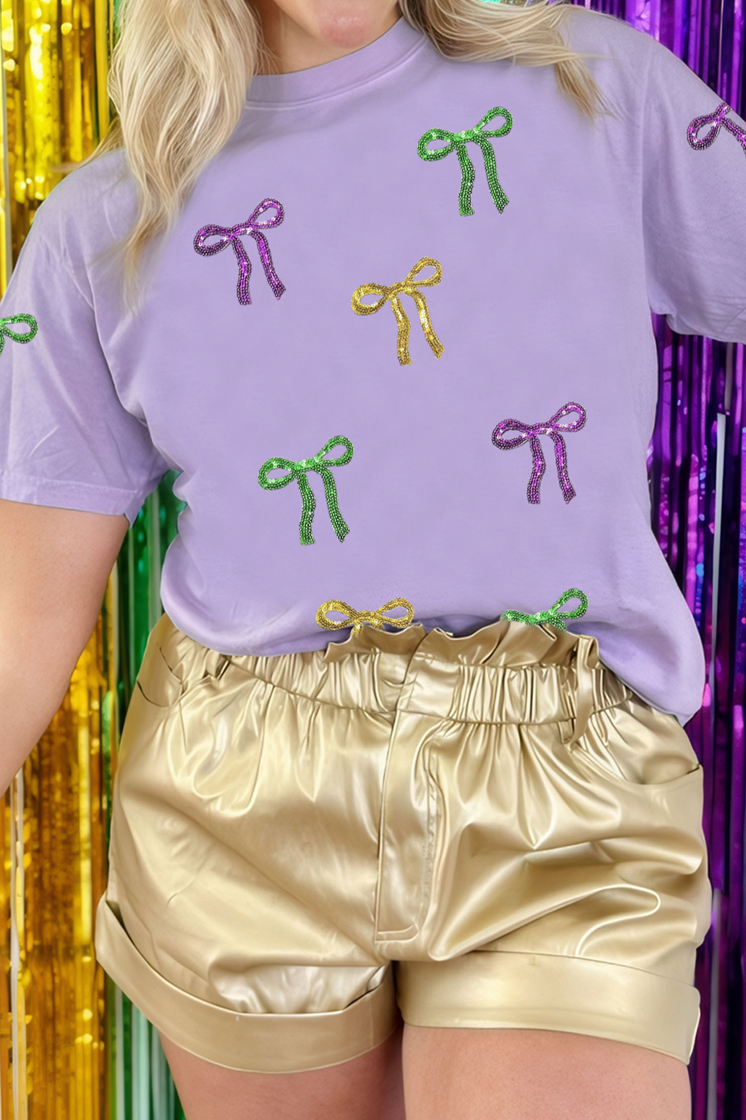 Wisteria Mardi Gras Sequin Bow Crew Neck T Shirt - loveforevers