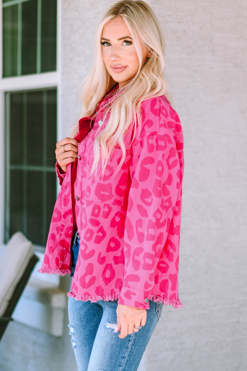 Pink Leopard Print Button Cuffs Raw Hem Jacket - loveforevers
