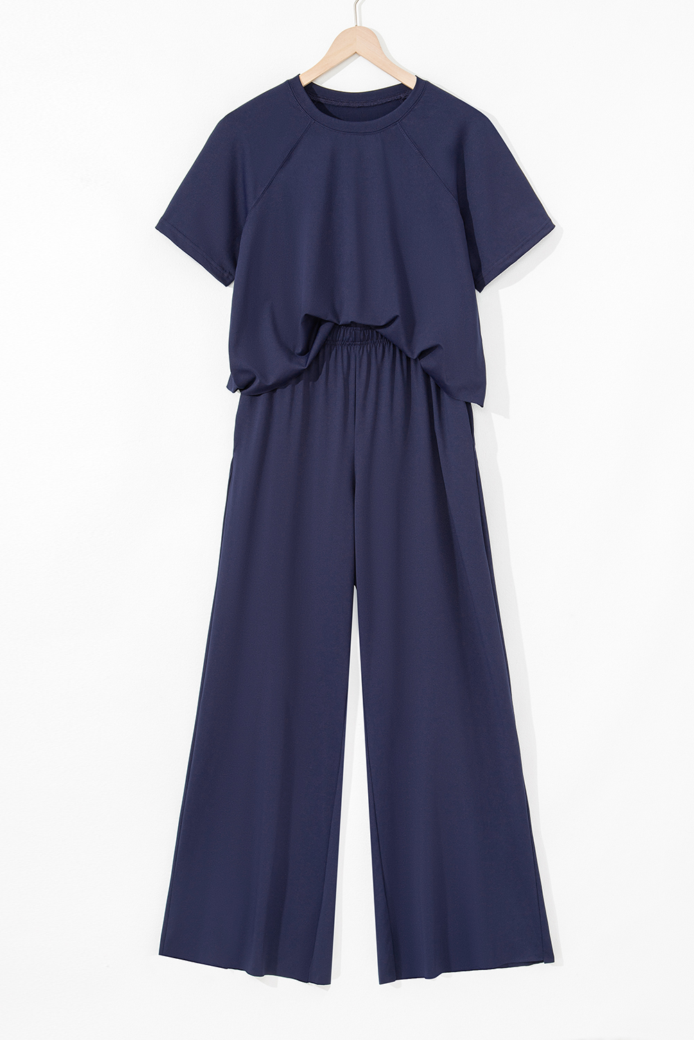 Navy Blue Raw Hem Loose Tee and Wide Leg Pants Set - loveforevers