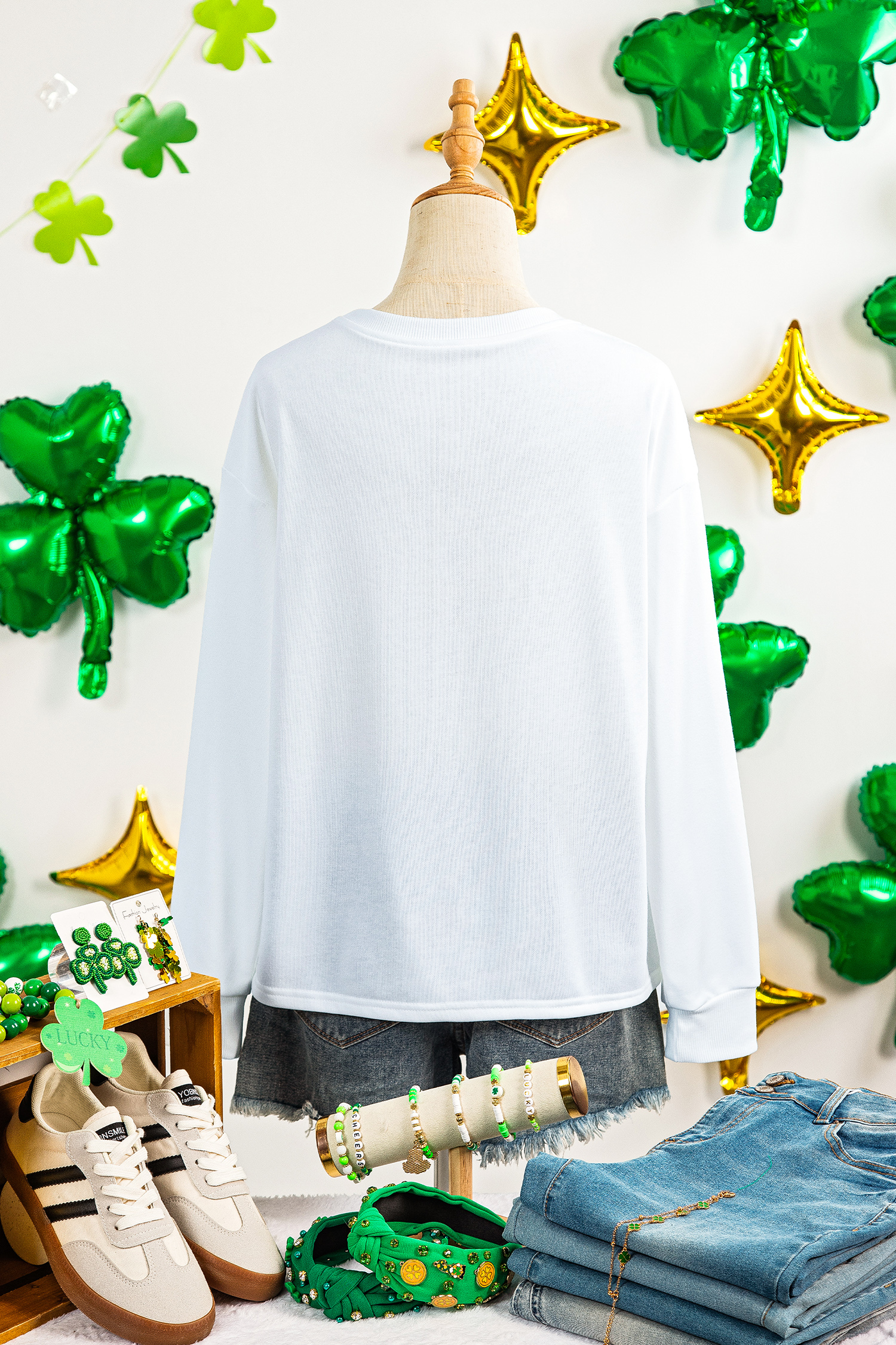 White LUCKY Clover Embroidered Long Sleeve Top - loveforevers