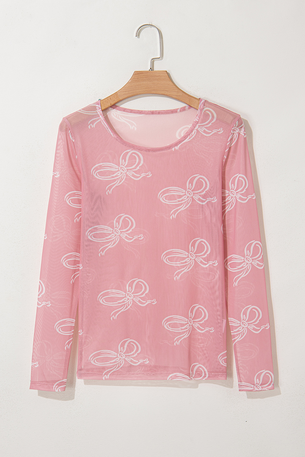 Pink Round Neck Bow Print Long Sleeve Mesh Top - loveforevers