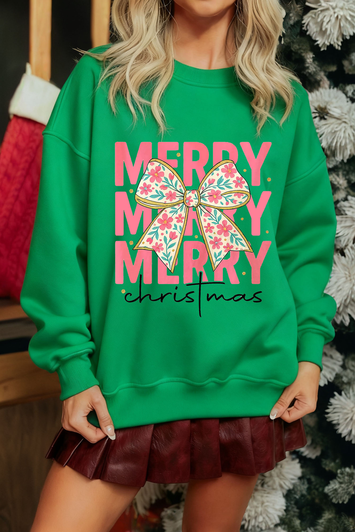 Dark Green MERRY Christmas Floral Bow Graphic Drop Shoulder Sweatshirt - loveforevers