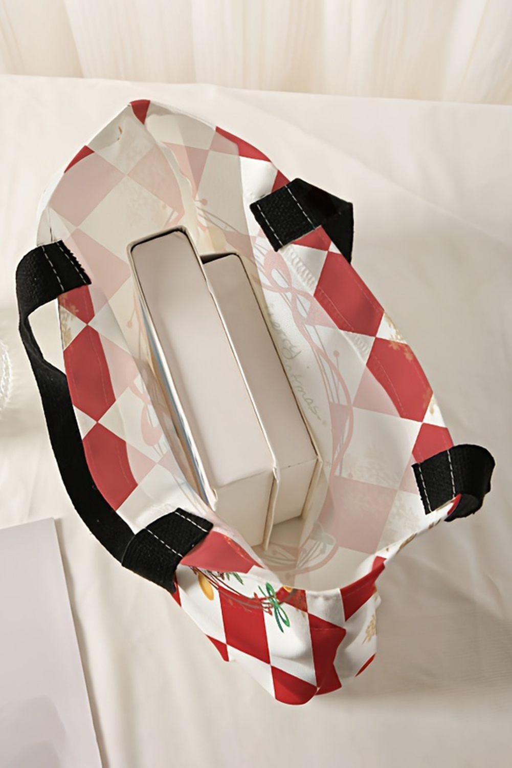 Fiery Red Checkered Merry Christmas Nutcracker Printed Canvas Shoulder Bag - loveforevers