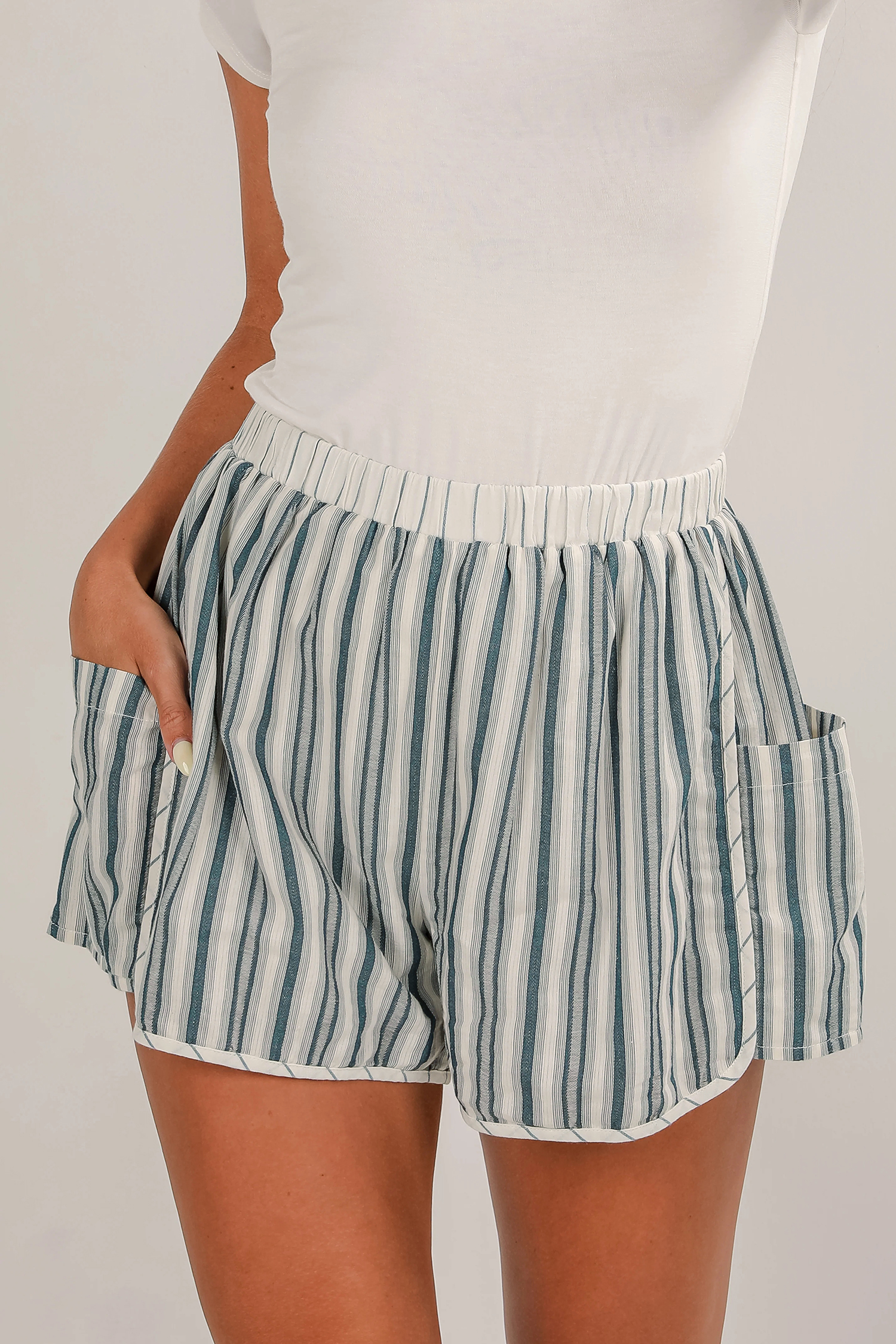 Gray Stripe Elastic Waist Cargo Pocket Casual Shorts - loveforevers