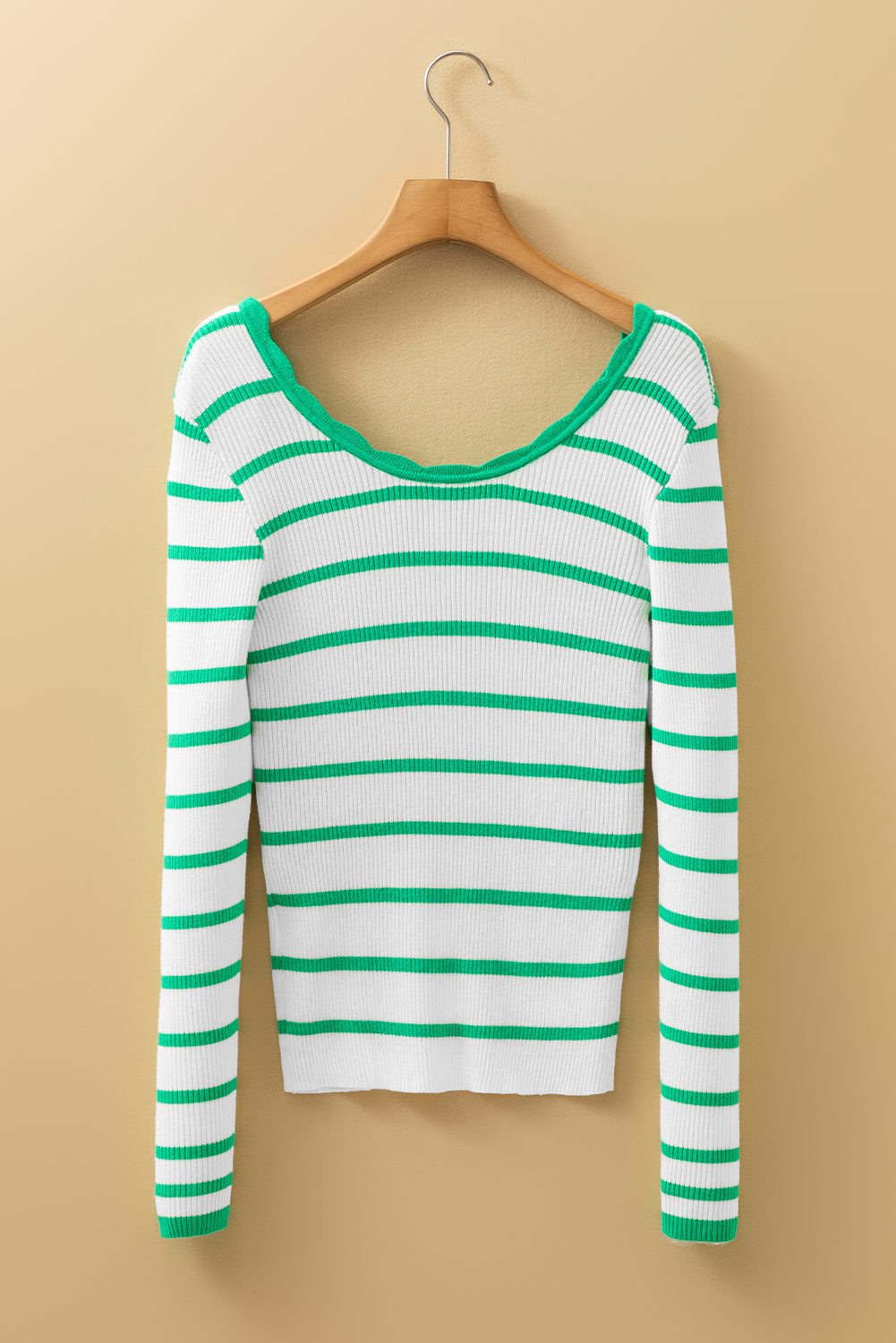 Black white Scalloped Trim U Neck Striped Ribbed Slim Sweater - loveforevers