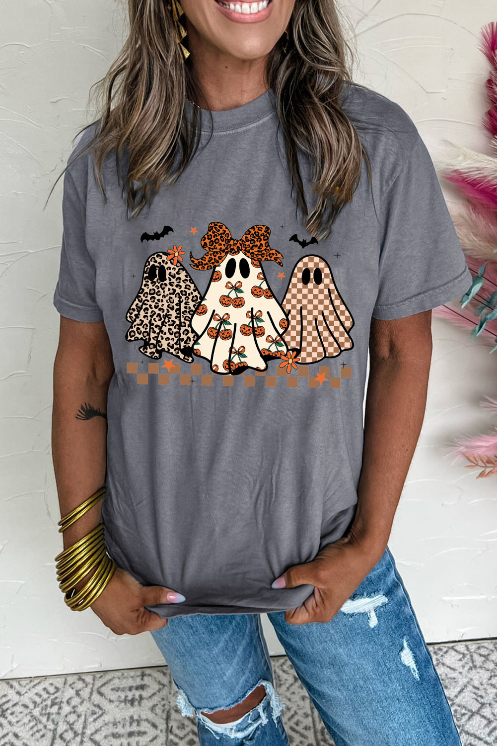 Gray Cute Halloween Ghost Printed Womens Casual Tee - loveforevers