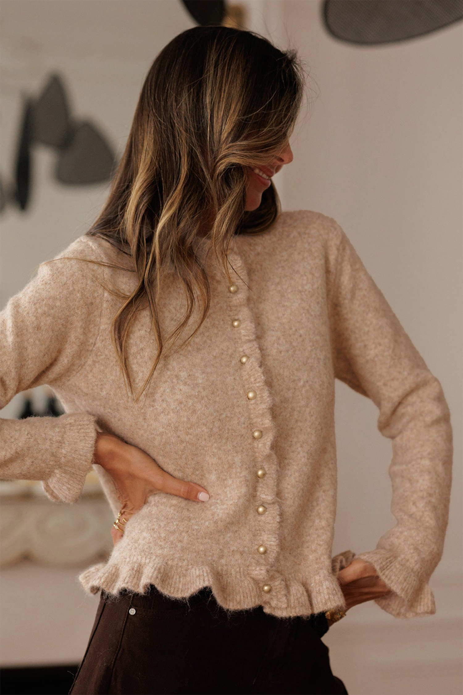 Oatmeal Ruffle Trim Gold Button Sweater Cardigan - loveforevers