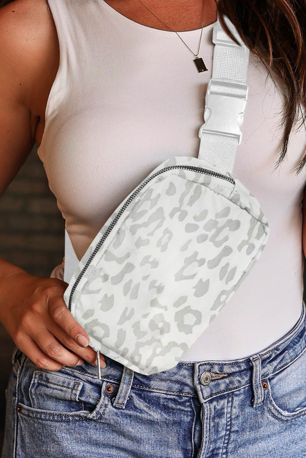 White Leopard Print Buckle Canvas Chest Bag 20*5*14cm - loveforevers