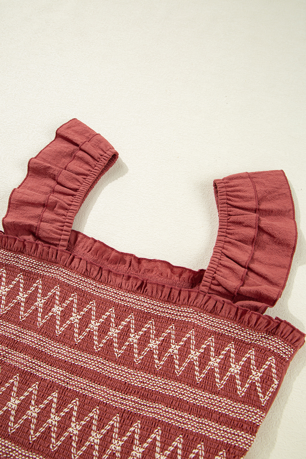 Red Sandalwood Geometric Stitch Shirred Bodice Ruffled Trim Sleeveless Mini Dress - loveforevers