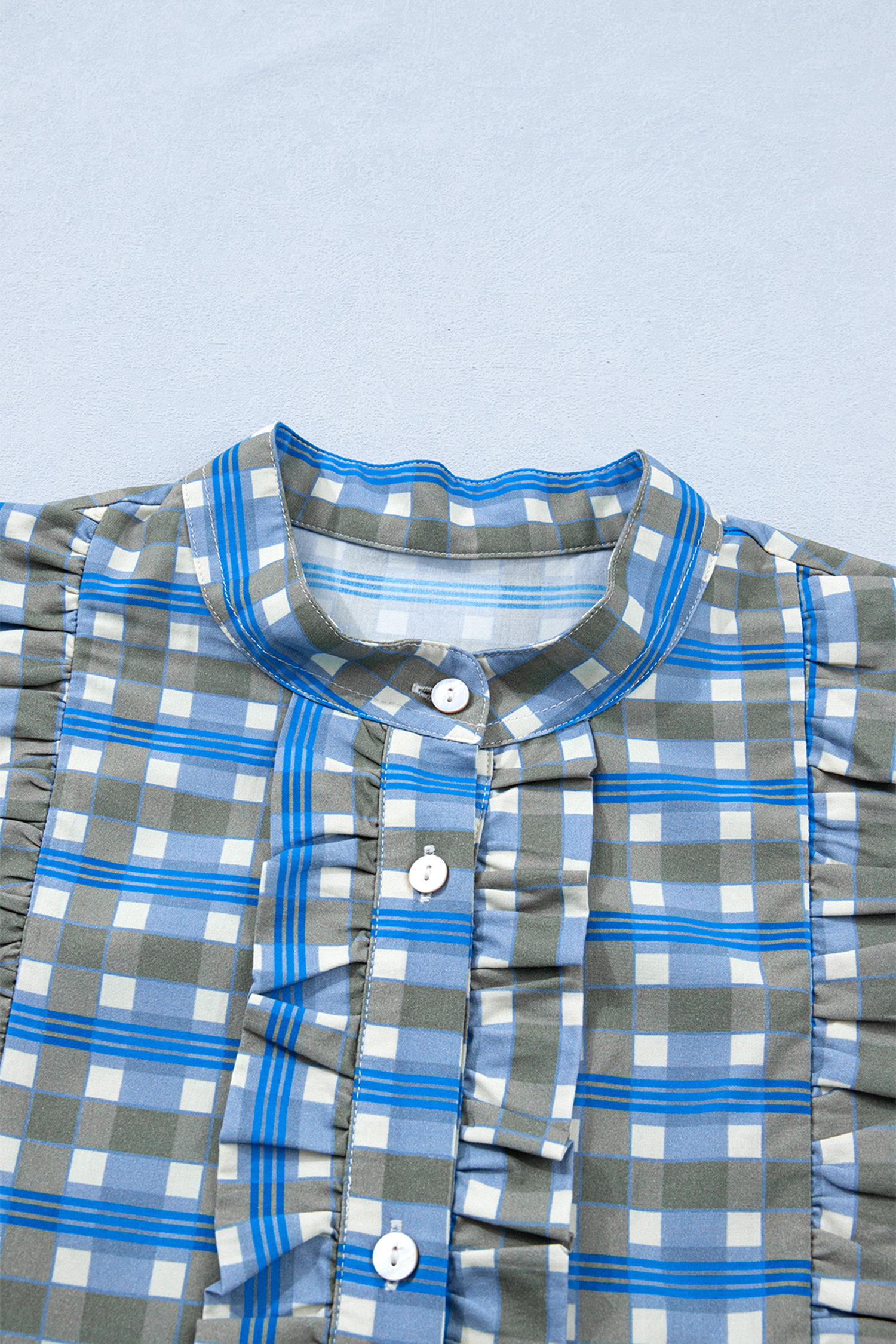 Sky Blue Plaid Long Sleeve Frilled Detail Half Button Blouse - loveforevers