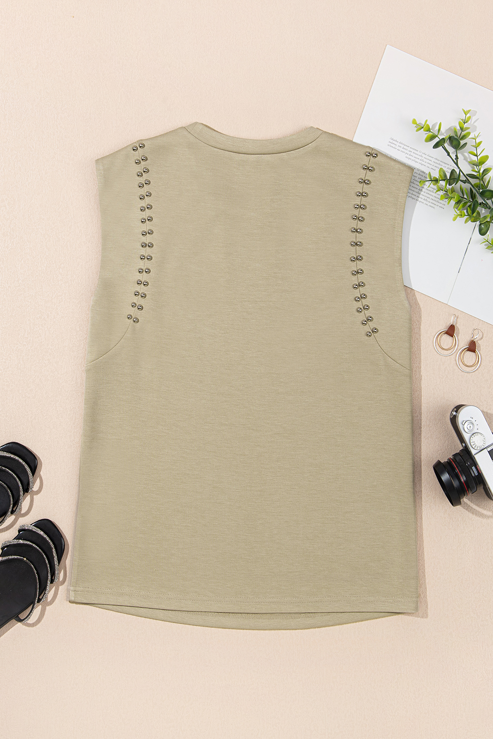 Sage Green Studded Cap Sleeve Round Neck T Shirt - loveforevers