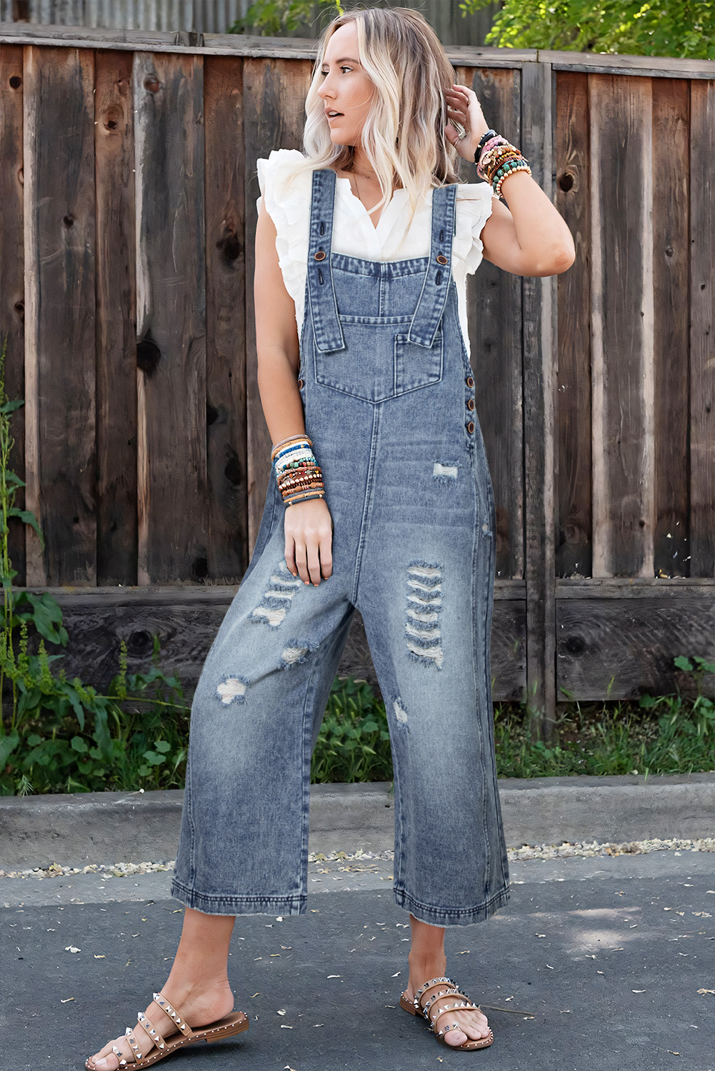 Stone Blue Distressed Bib Pocket Wide Leg Denim Overall - loveforevers
