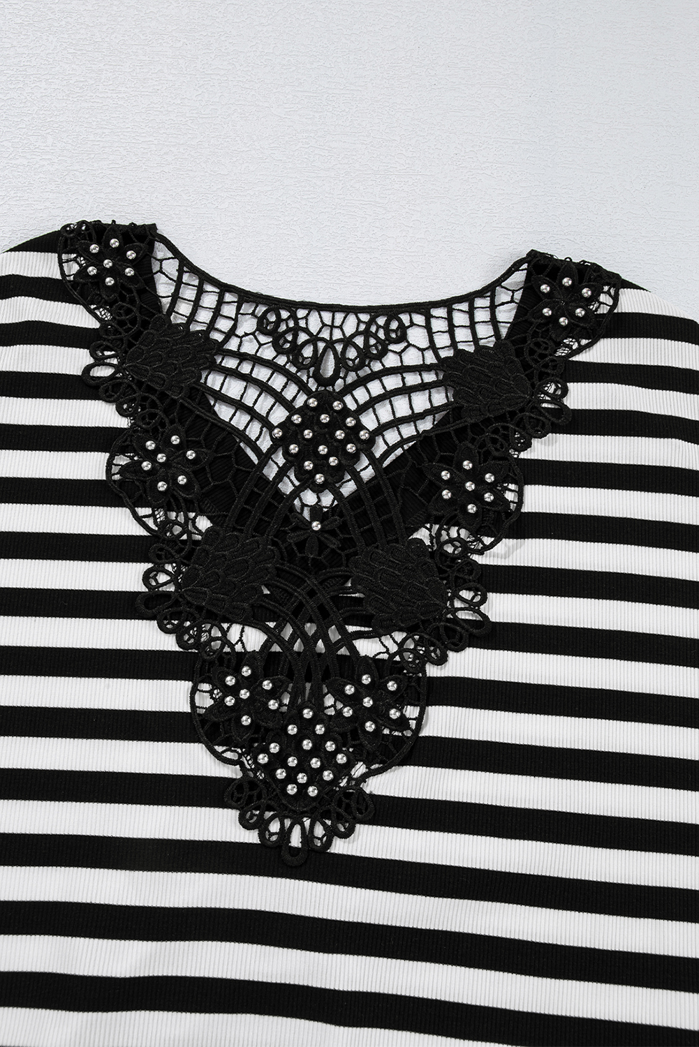 Black Stripe Crochet Hollow-out Back Buttoned Shoulder V Neck Top - loveforevers