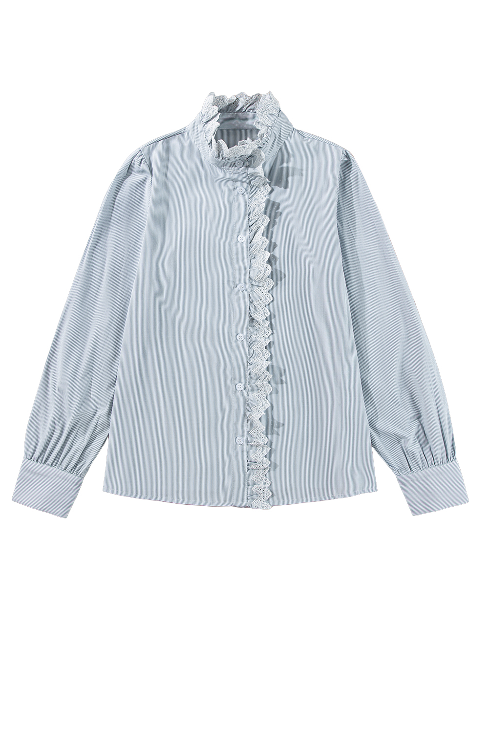 Sky Blue Stripe Frilled Trim Button Up Long Sleeve Shirt - loveforevers