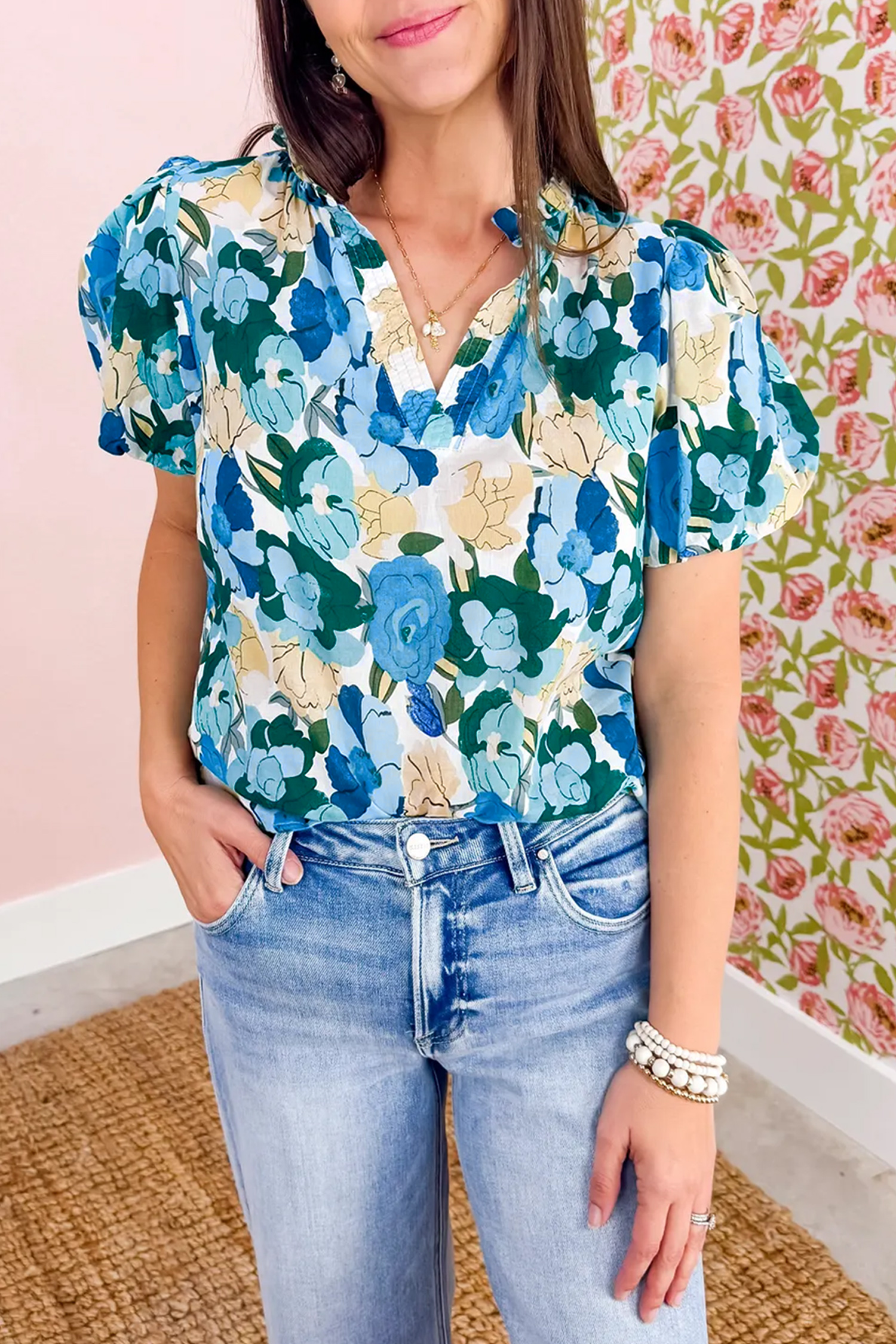 Sky Blue Floral Print Short Puff Sleeve V Neck Blouse - loveforevers