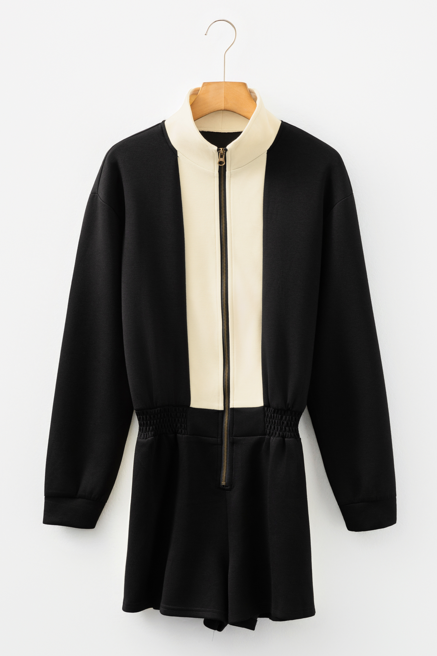 Black Two-tone Long Sleeve Zipped Front Casual Romper - loveforevers