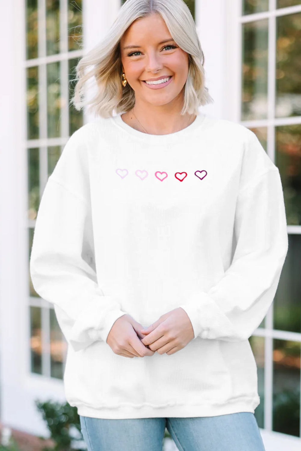 White 3d Ribbed XOXO Heart Embroidered Drop Shoulder Sweatshirt - loveforevers