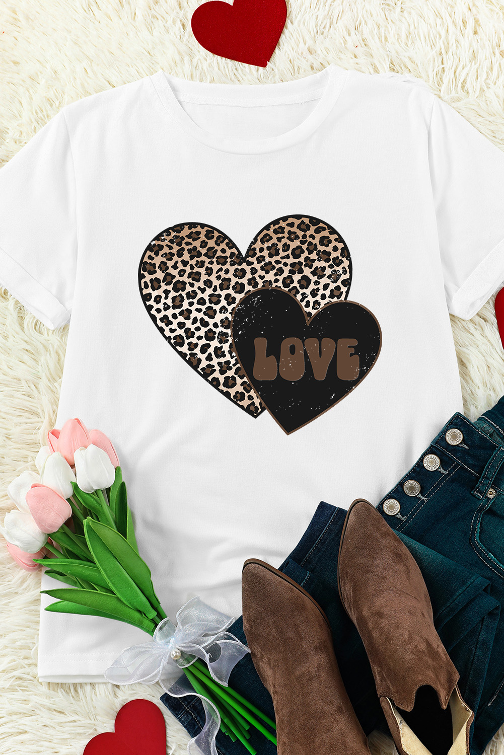 White Leopard LOVE Double Heart Printed Valentines Graphic Tee - loveforevers
