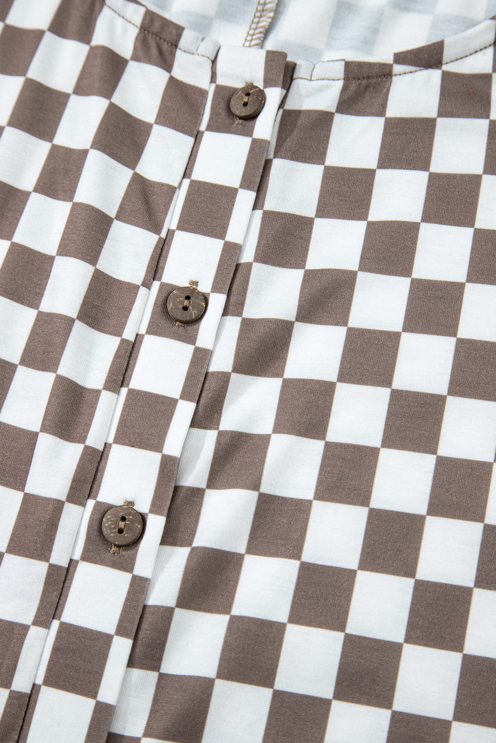 Khaki Checkered Print Buttoned Crew Neck Wide Leg Jumpsuit - loveforevers