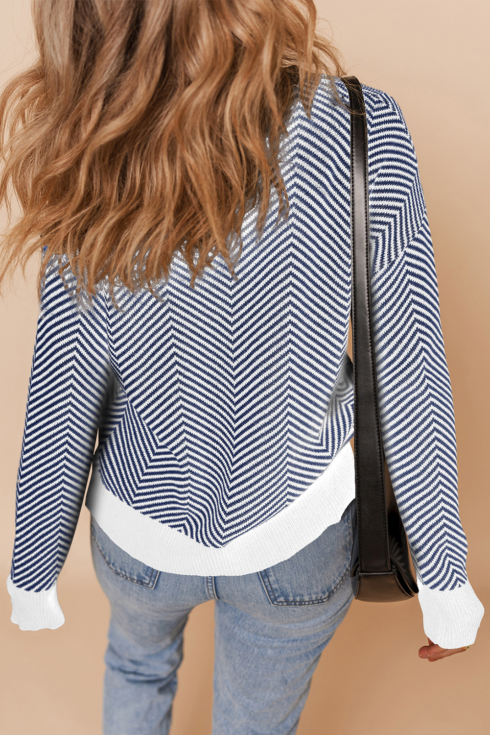 Blue Stripe Buttoned Front V Neck Herringbone Cardigan - loveforevers