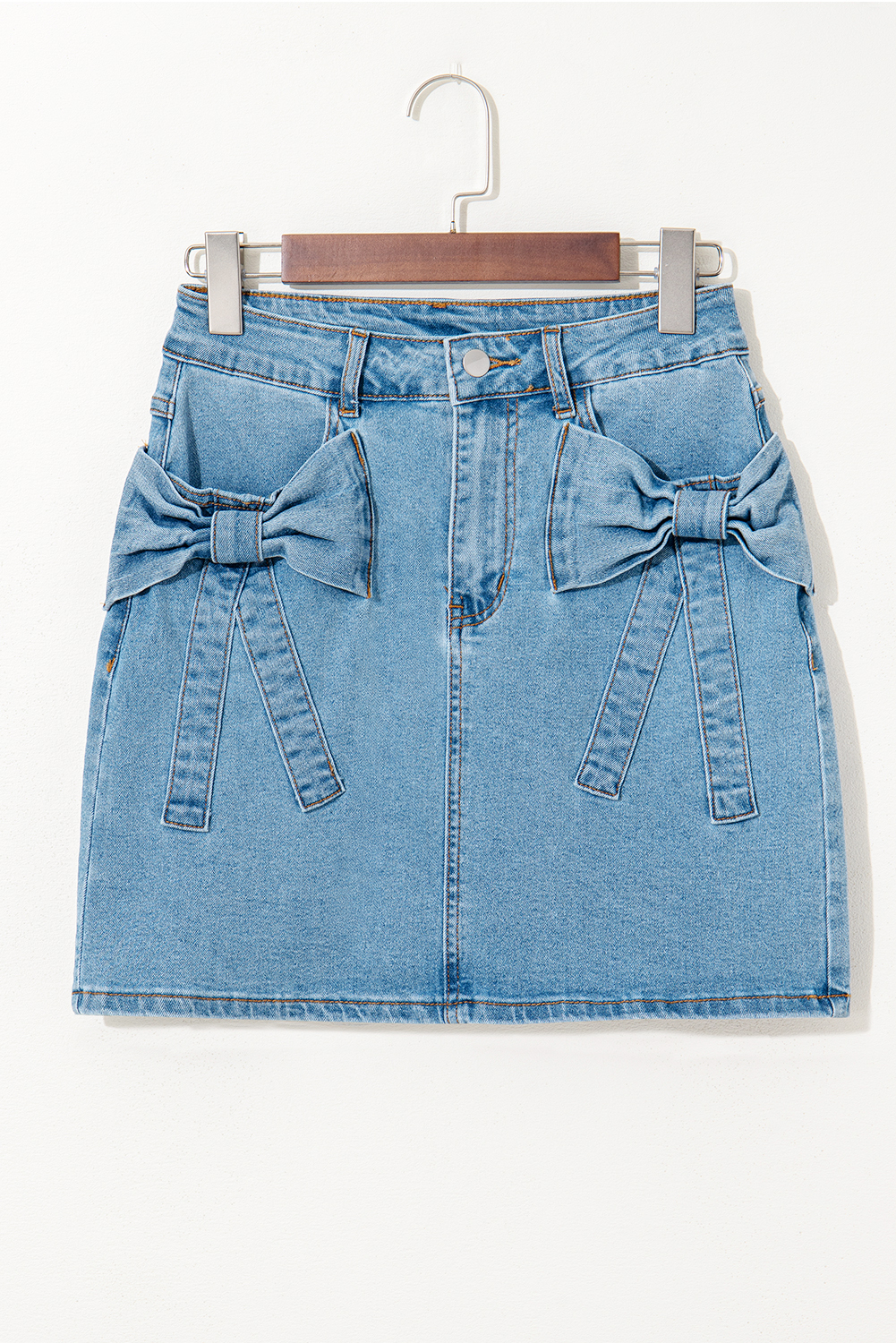 Dusk Blue Acid Wash Bowknot Details High Waist Denim Skirt - loveforevers
