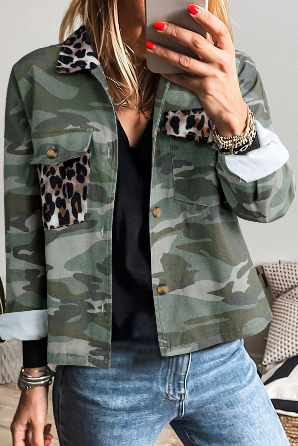 Green Camo Leopard Patchwork Flap Pocket Crop Jacket - loveforevers
