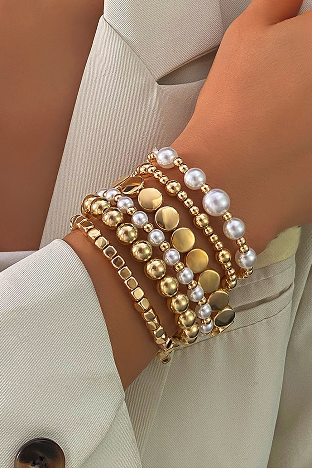 Gold Minimalist Pearl Beaded Multi Layer Elastic Bracelets - loveforevers