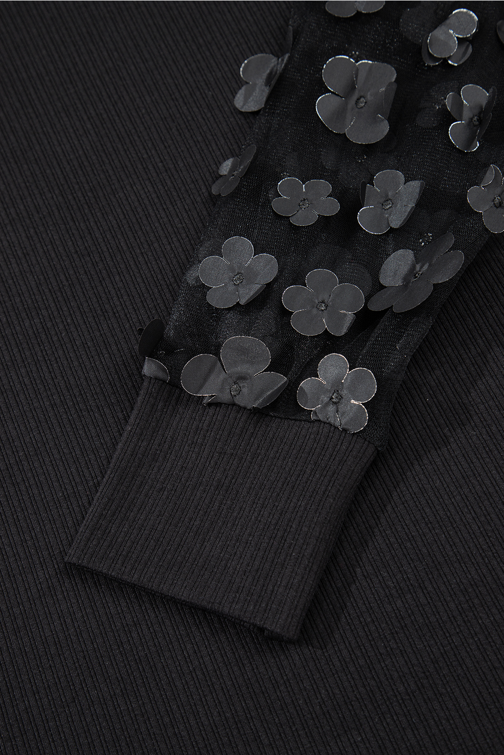 Black Flower Applique Mesh Long Sleeve V Neck Blouse - loveforevers