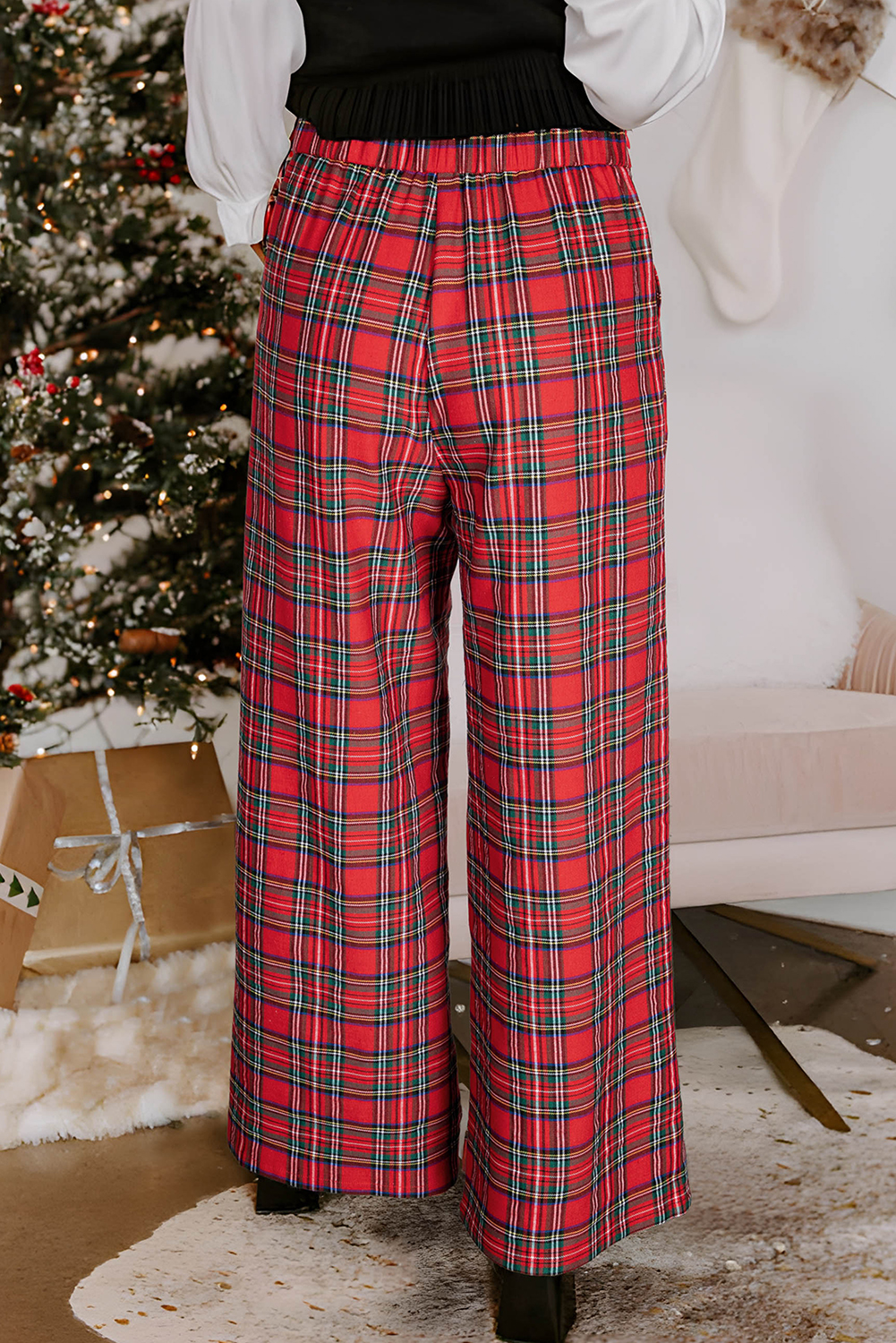 Red Festive Plaid Wide Leg Pull On Pants - loveforevers