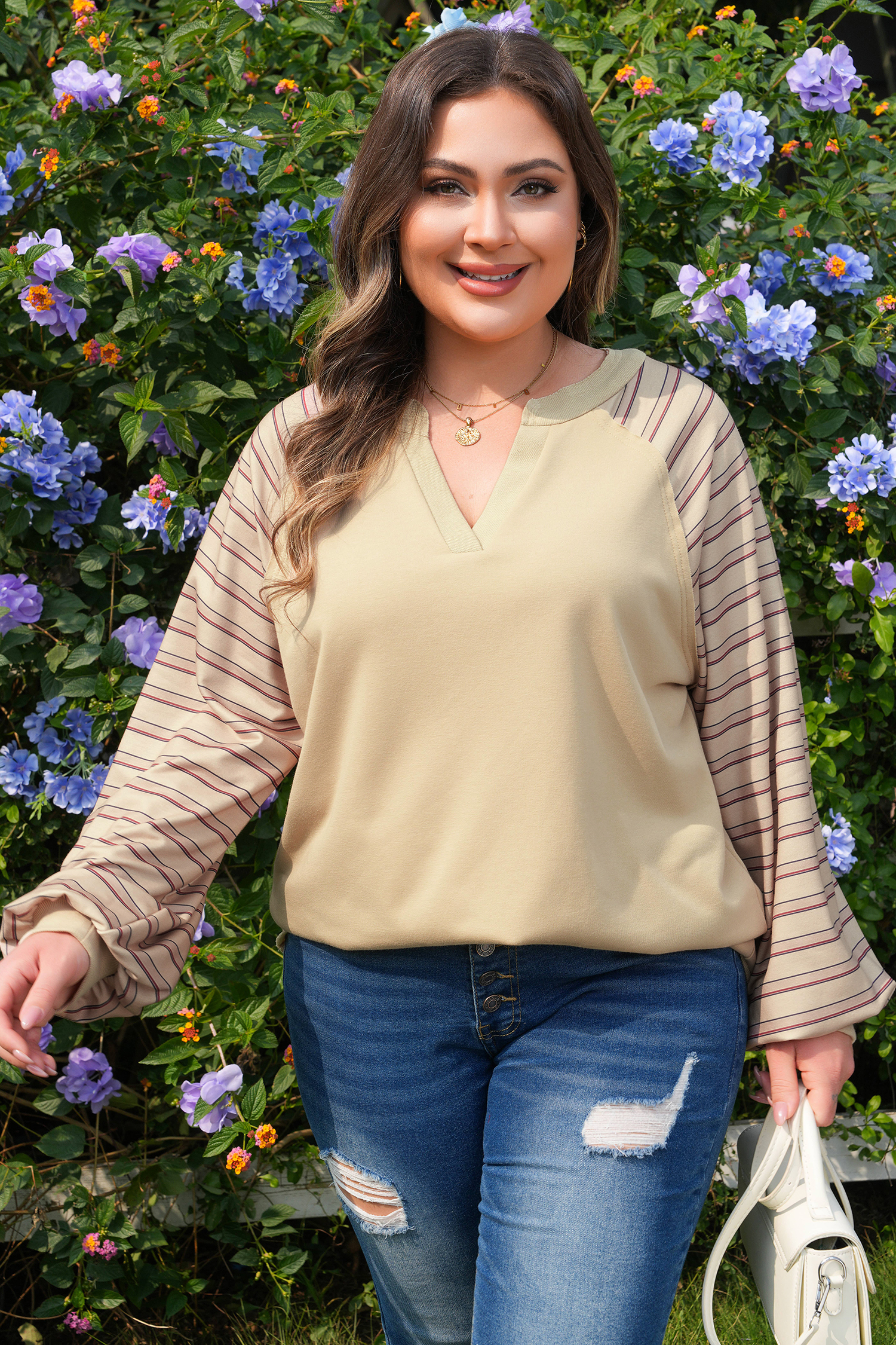 Parchment Striped Raglan Sleeve Notched Neck Raw Edge Plus Size Jumper - loveforevers