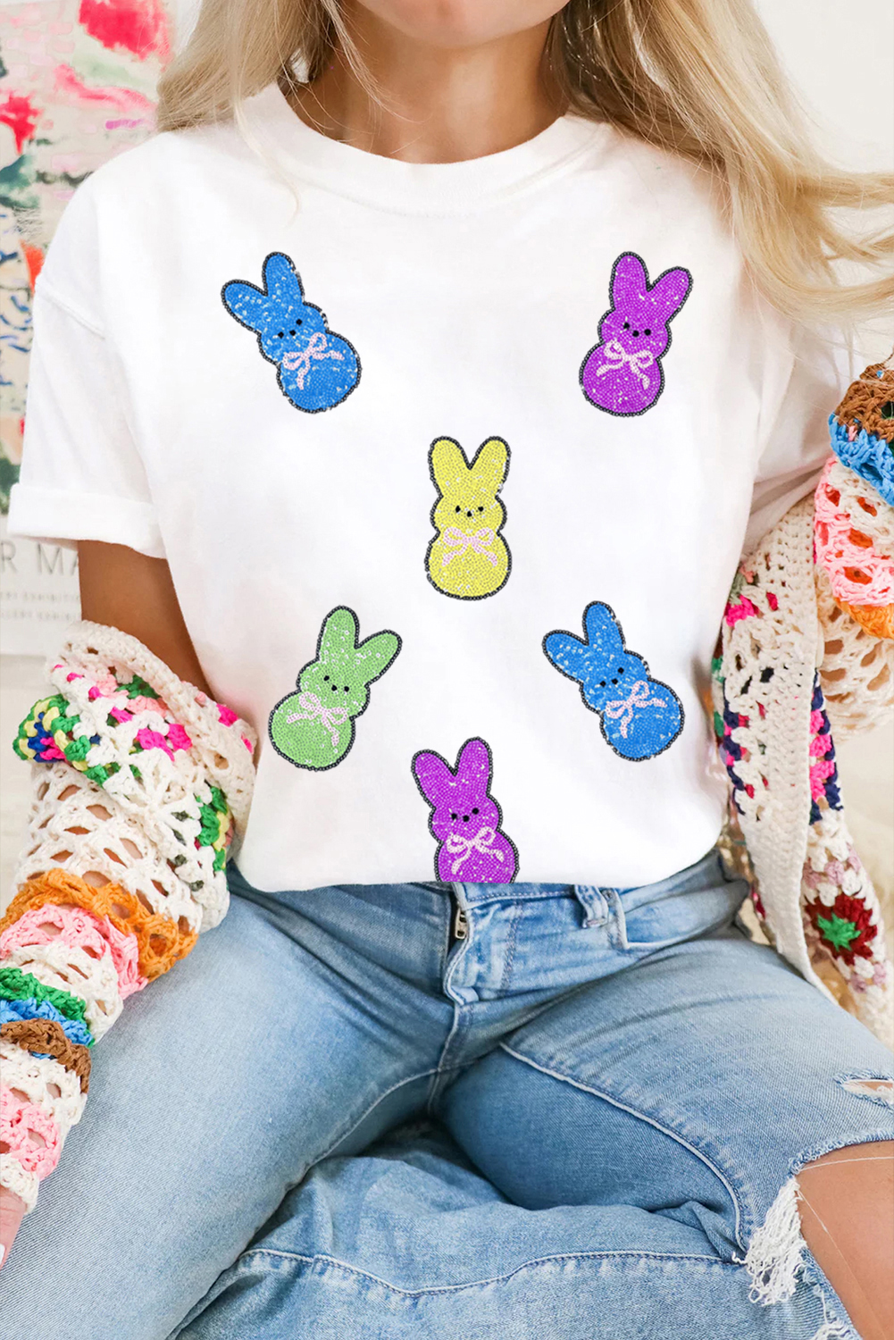 White Sequin Bow Bunny Doll Patched Easter Graphic Tee - loveforevers