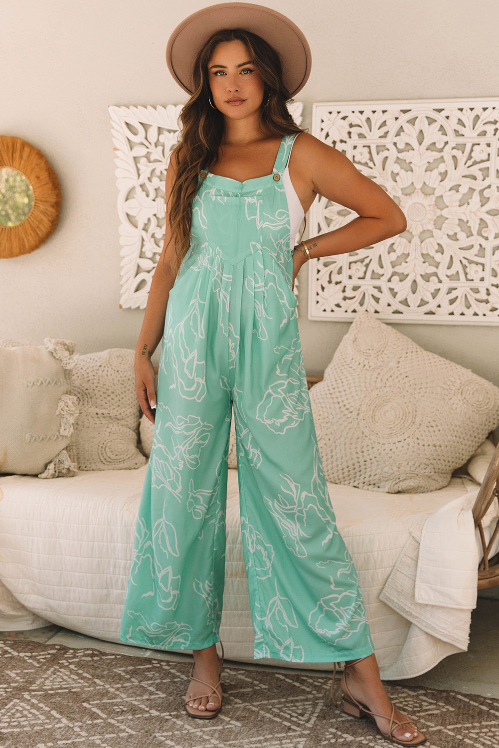 Moonlight Jade Printed Bib Wide Leg Overall - loveforevers