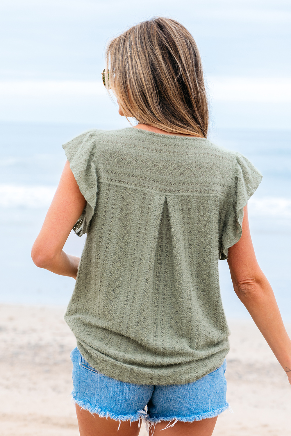Laurel Green Flutter Sleeve Lace V Neck Shirt - loveforevers