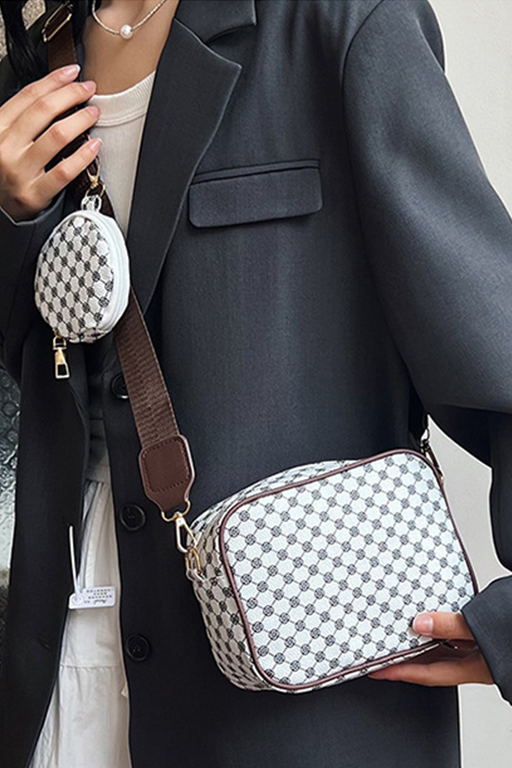 Coffee Checkered Print PU Leather Shoulder Bag with Coin Wallet - loveforevers