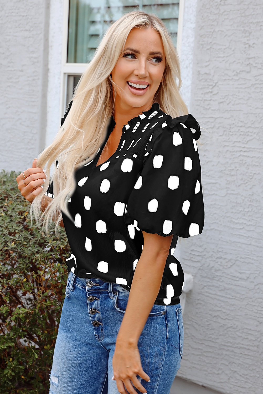 Black Polka Dot Print Shirred Yoke Notched Neck Balloon Sleeve Blouse - loveforevers