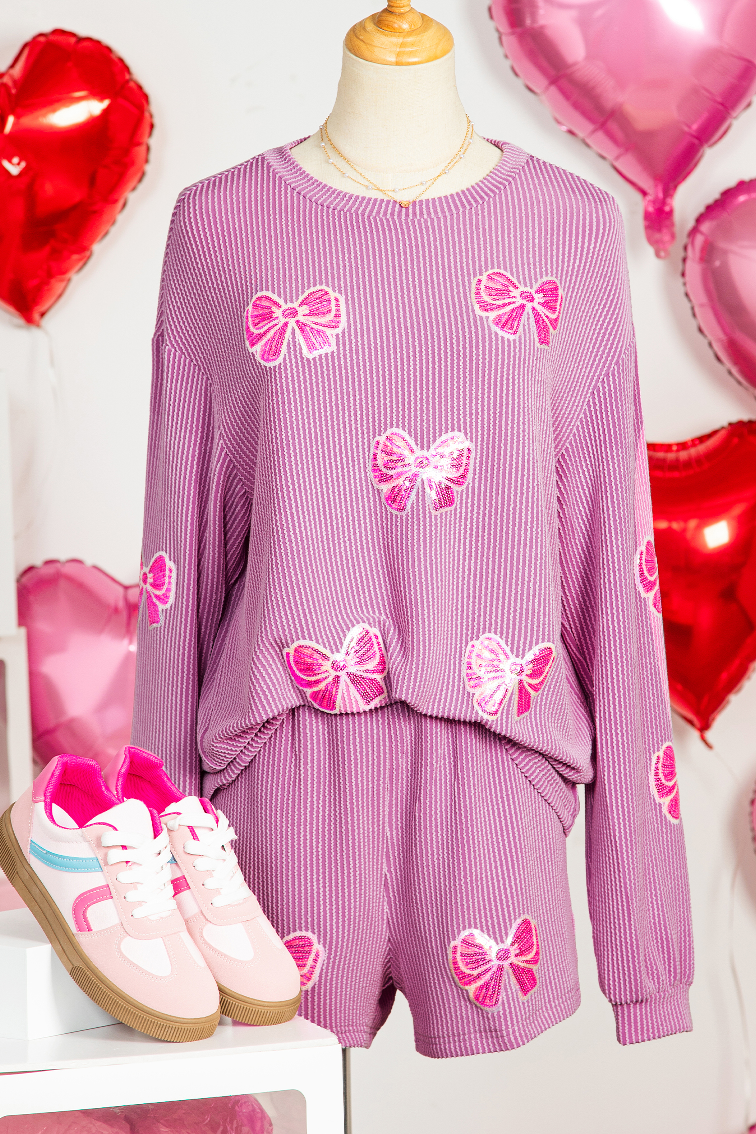 Phalaenopsis Corded Rib Sequin Bow Patched Long Sleeve Top and Shorts 2pcs Set - loveforevers