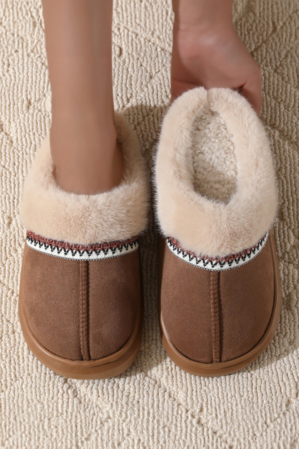 Coffee Western Woven Detail Faux Suede Furry Home Slippers - loveforevers