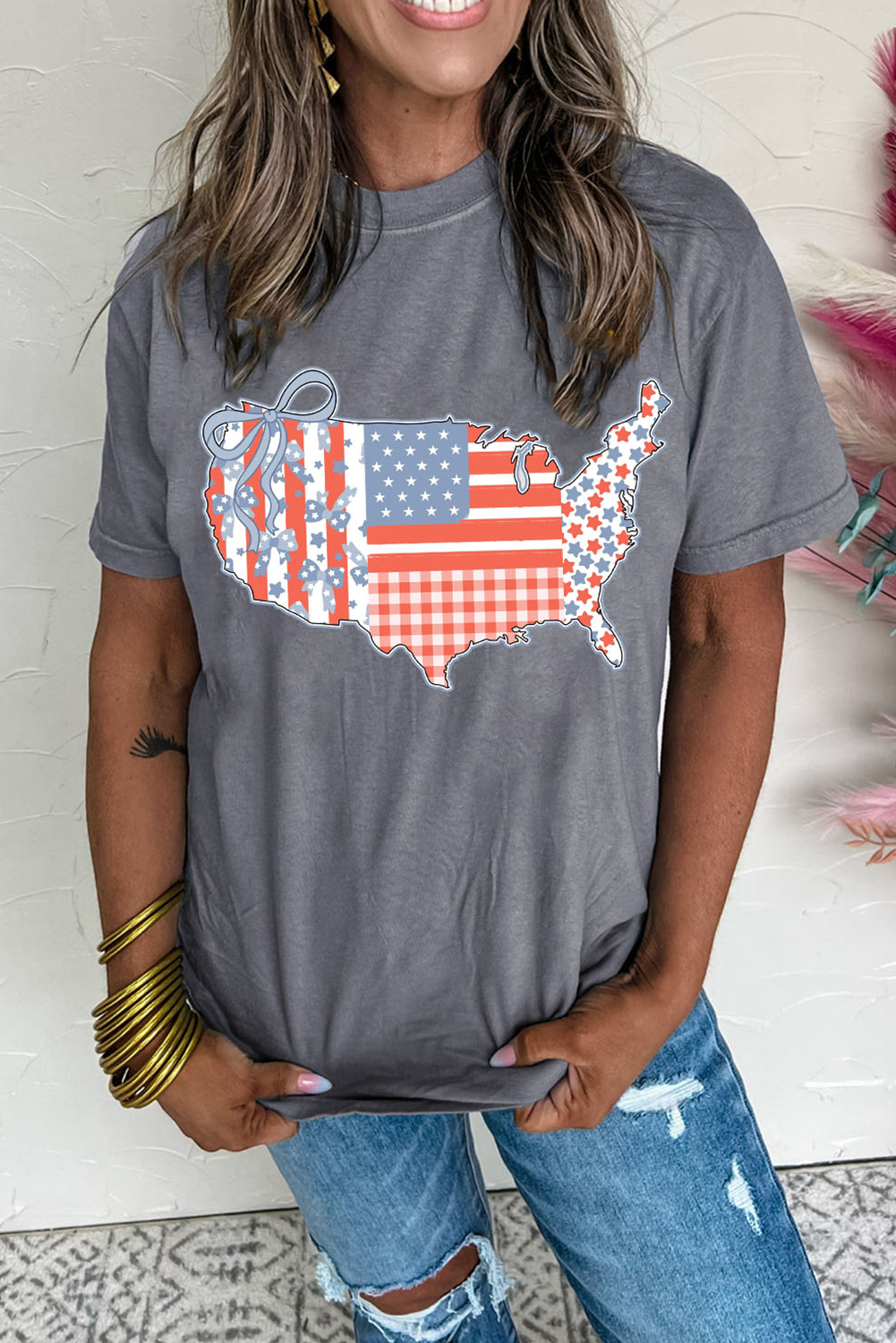 Gray American Flag Bow Map Graphic Tee - loveforevers
