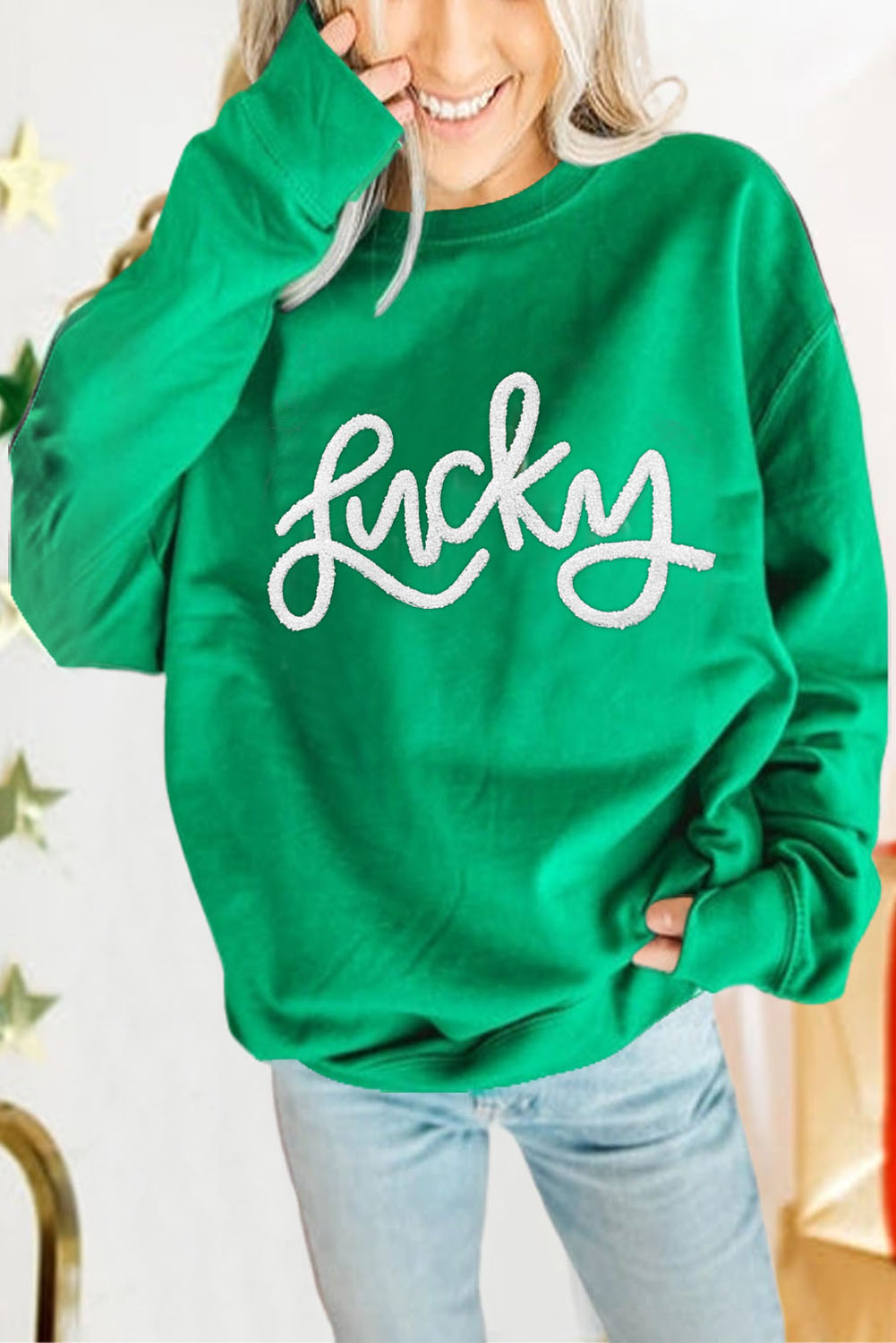 Green LUCKY Aphabet Chenille Embroidered Pullover Sweatshirt - loveforevers
