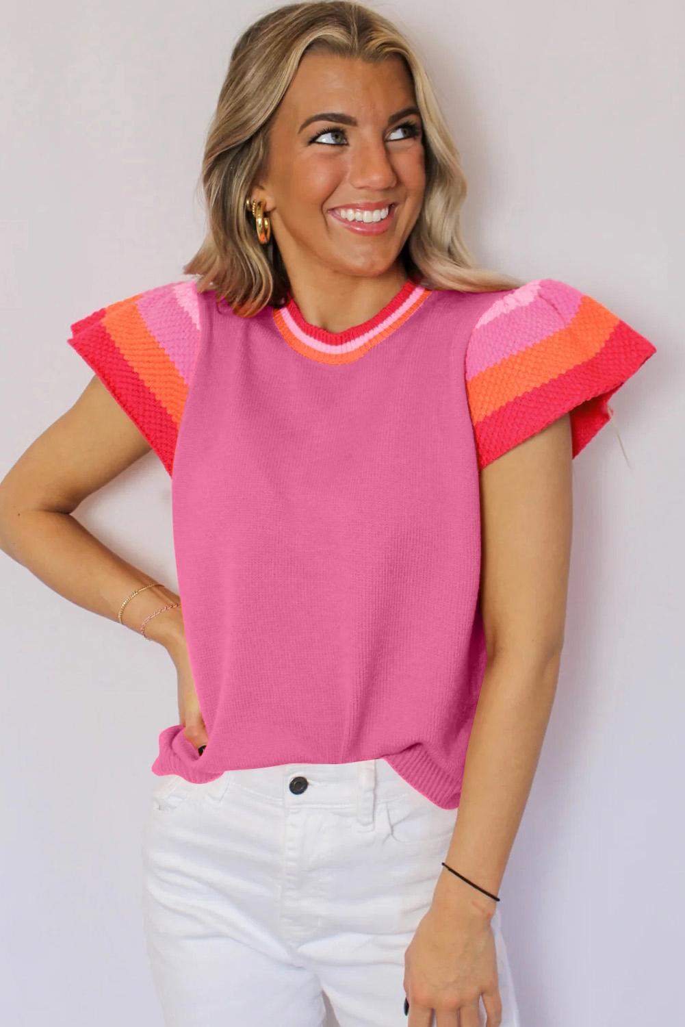 Bright Pink Contrast Flutter Sleeves Knitted Sweater T Shirt - loveforevers