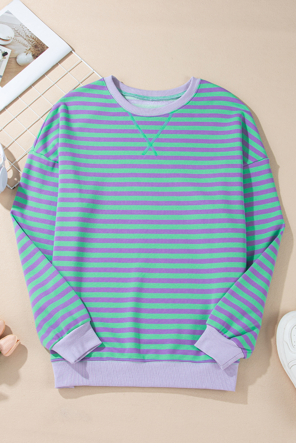 Red Stripe Contrast Ribbed Trim Crossed Stitch Drop Shoulder Sweatshirt - loveforevers
