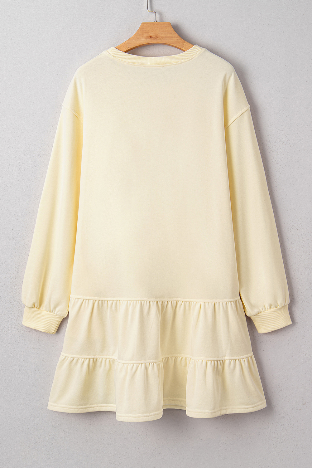 Beige Double Tiered Ruffle Hem Long Sleeve Loose Mini Dress - loveforevers