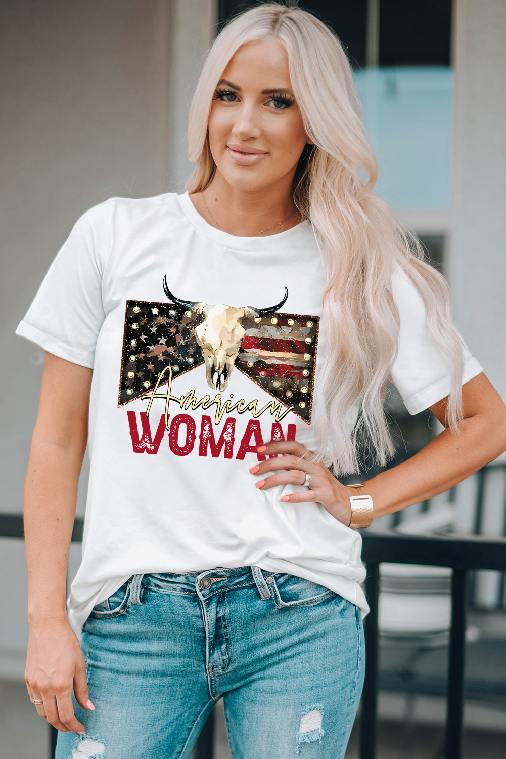 White American Woman Bull Skull Graphic T Shirt - loveforevers