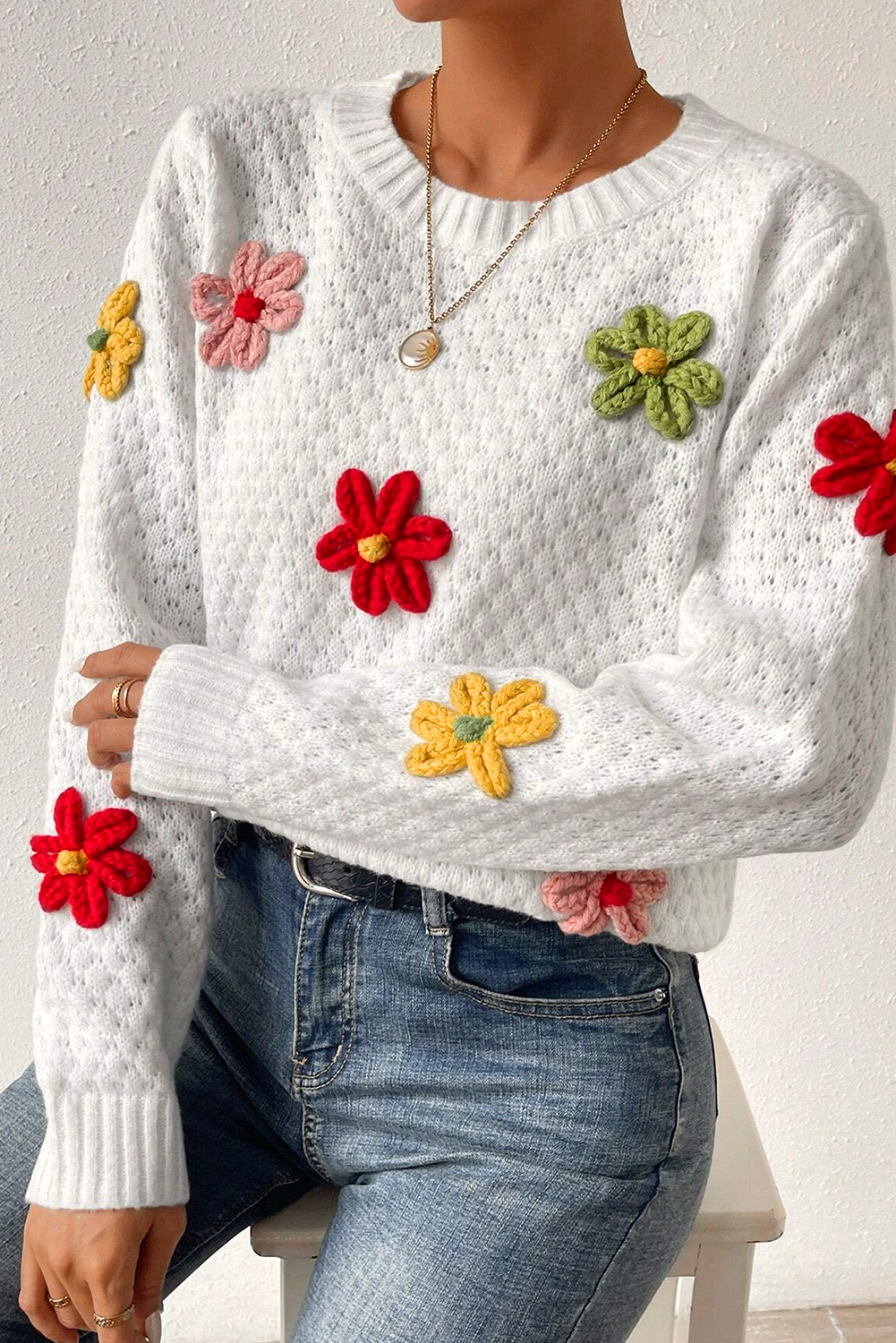 White Colorful Flower Applique Textured Knit Sweater - loveforevers